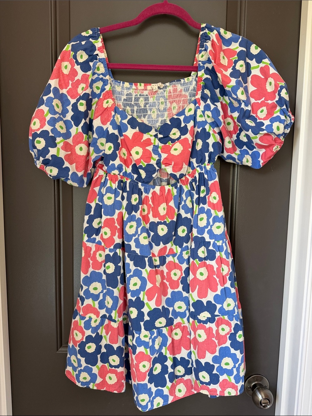 BaeVely Pink & Blue Floral Puff-Sleeve Dress Size M